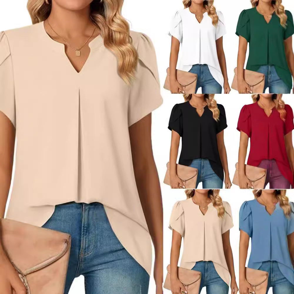 Simple Fashion Loose V-neck Petal Sleeve Short Sleeve Shirt