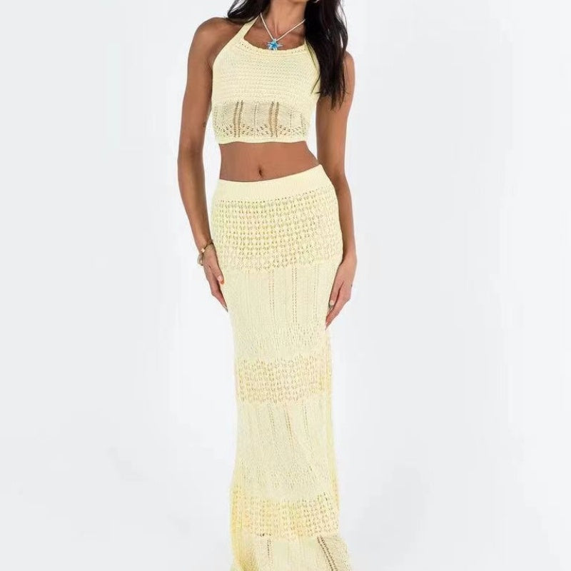 Top High Waist Skirt Two-piece Summer Knitted Beach Vacation Suit