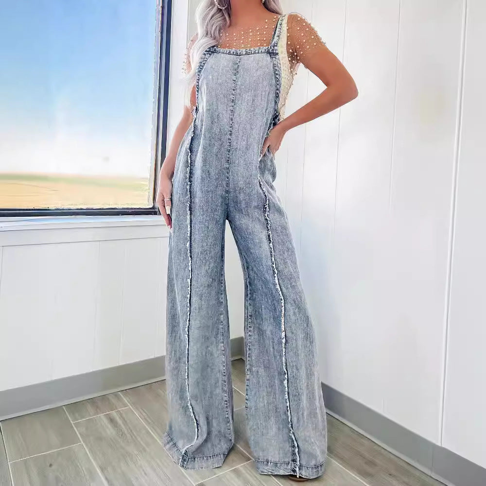 Retro Washed Wide-leg Suspender Jumpsuit