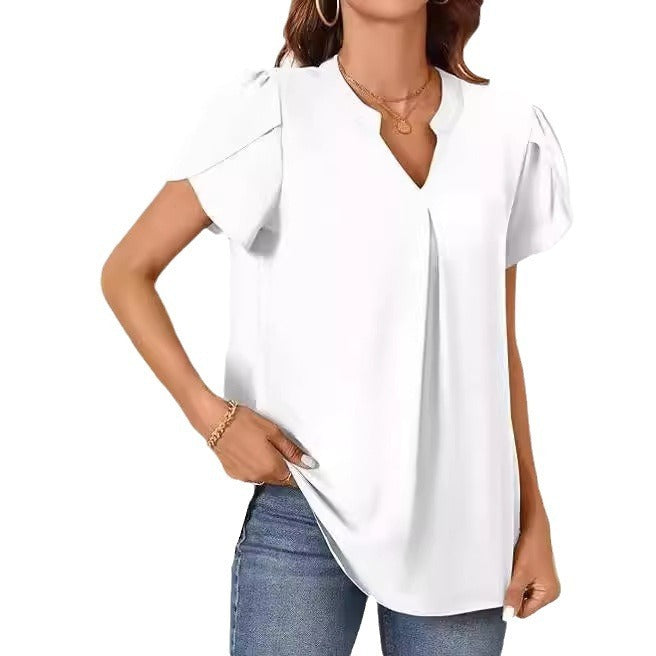 Simple Fashion Loose V-neck Petal Sleeve Short Sleeve Shirt