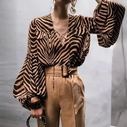 Zebra Prints V-neck Lace-up Long Sleeve Shirt