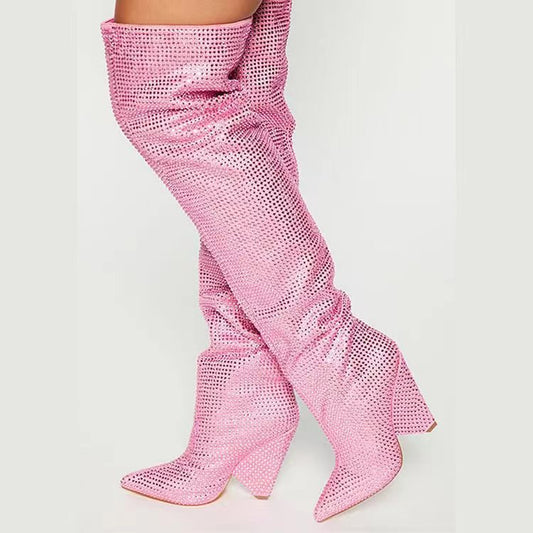 Tapered Heel Rhinestone Below The Knee Boots