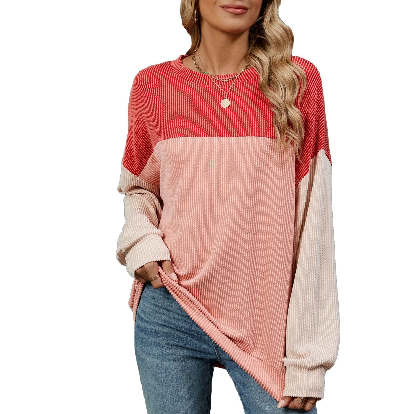 Fashion Contrast-color Round Neck Long Sleeve Casual Shirt For Womens Clothing