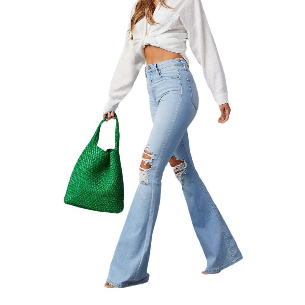 Fringed Knee Blue Jean Wide-leg Pants