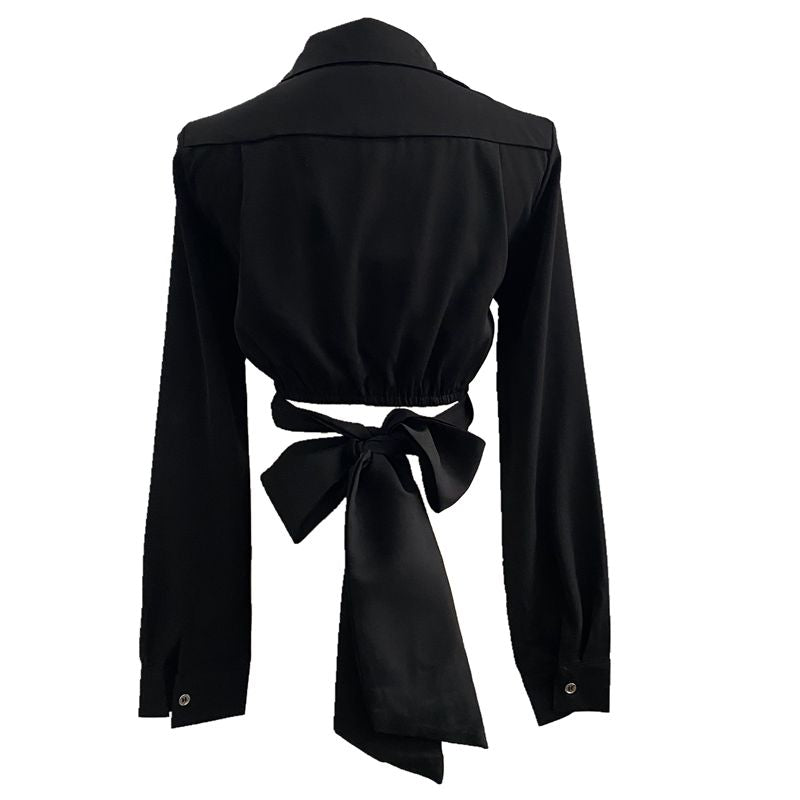 Black Knot Tie Bow Cropped Slim Fit V-Neck Shirt Top