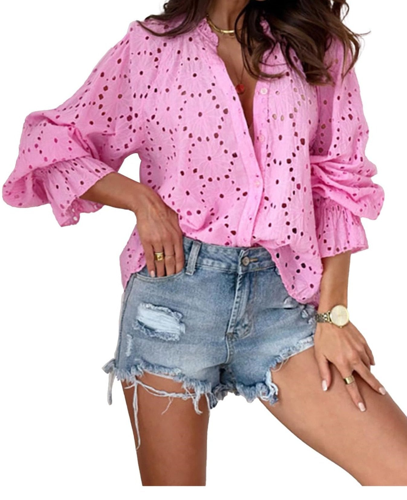 Casual Hollow-out Design Bouffant Sleeve Shirt