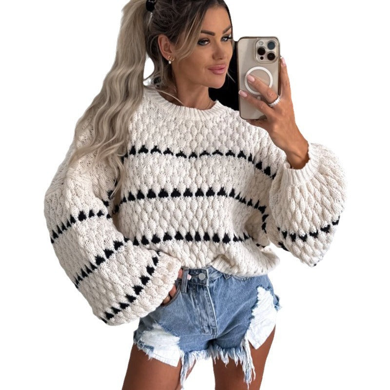 Thick Needle Loose Plus Size Twist Stripes Round Neck Pullover