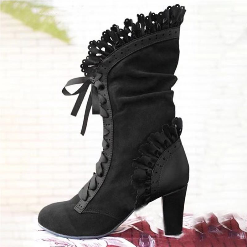 Lace-up Suede Ankle High Heel  Boots