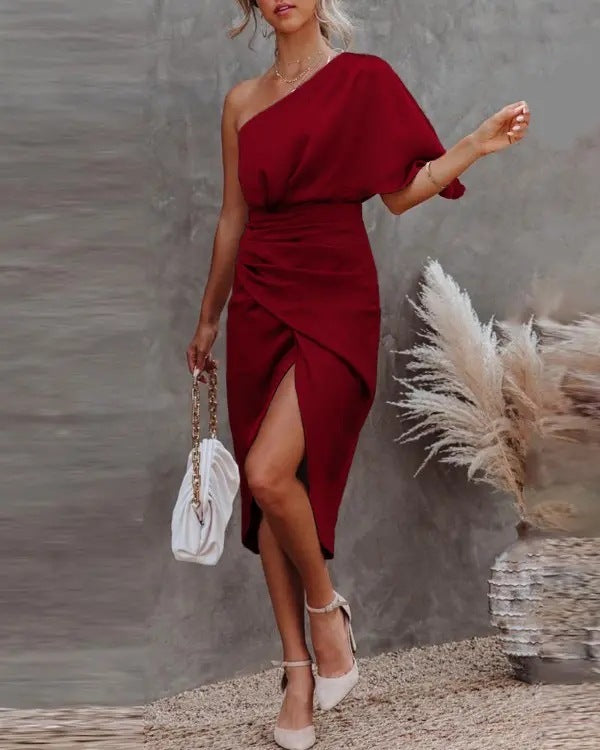 One-Shoulder Thigh Slit Dress