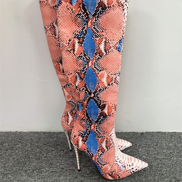 Leather Snake Skin Stiletto Heel Boots