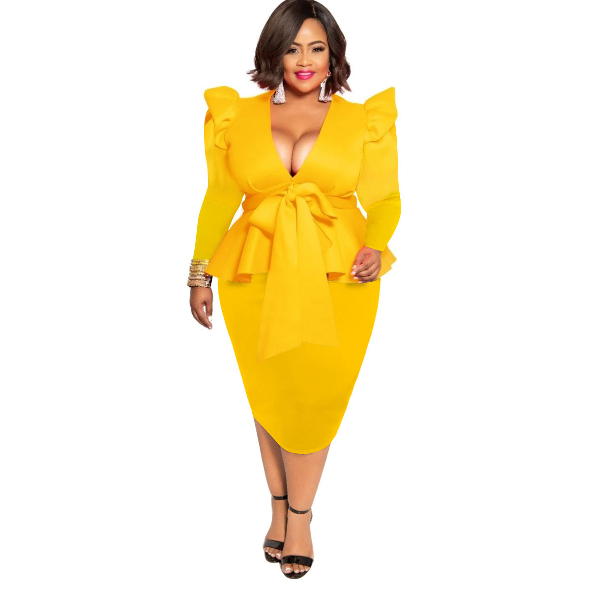 Plus Size Long Sleeve Two-piece Skirt Suit