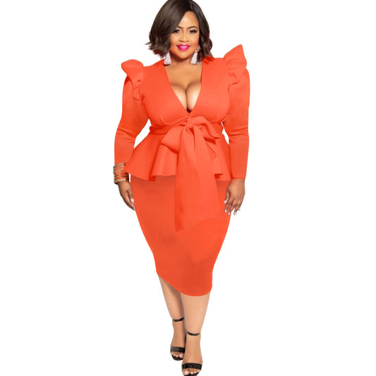 Plus Size Long Sleeve Two-piece Skirt Suit