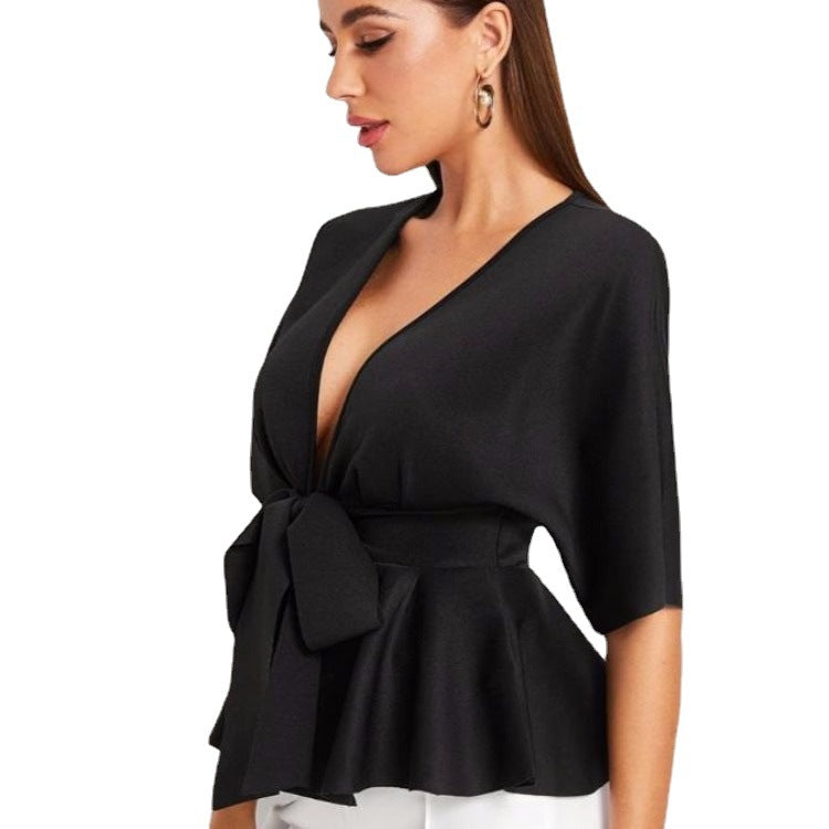 Deep V - Neck Bow Blouse