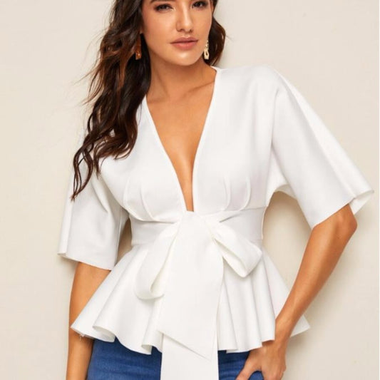 Deep V - Neck Bow Blouse