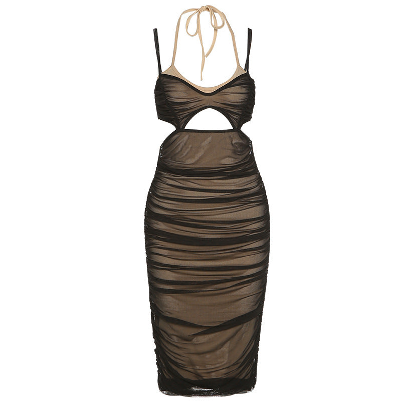 Bodycon Dress Sheer Brownish Black Ruched Dress