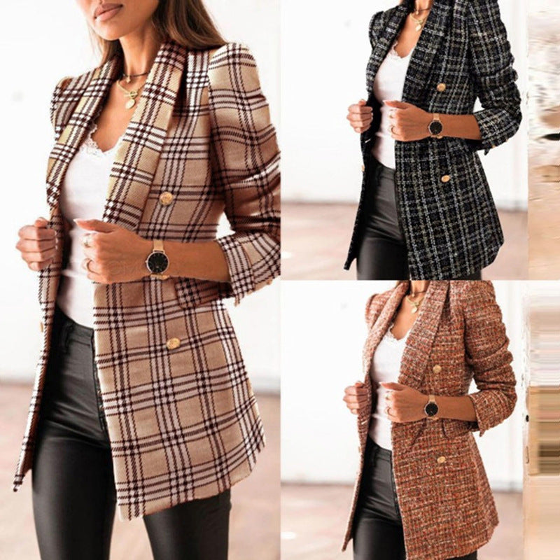 Fashion Printed Double Breasted Blazer Collar Coat