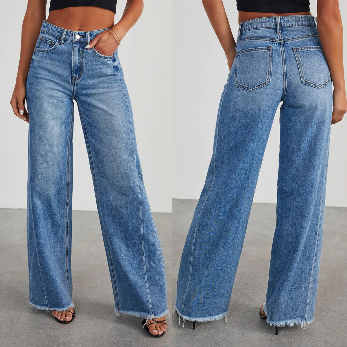 Loose Fit Wide-leg Side Seam Stitching Frayed Hem Jeans