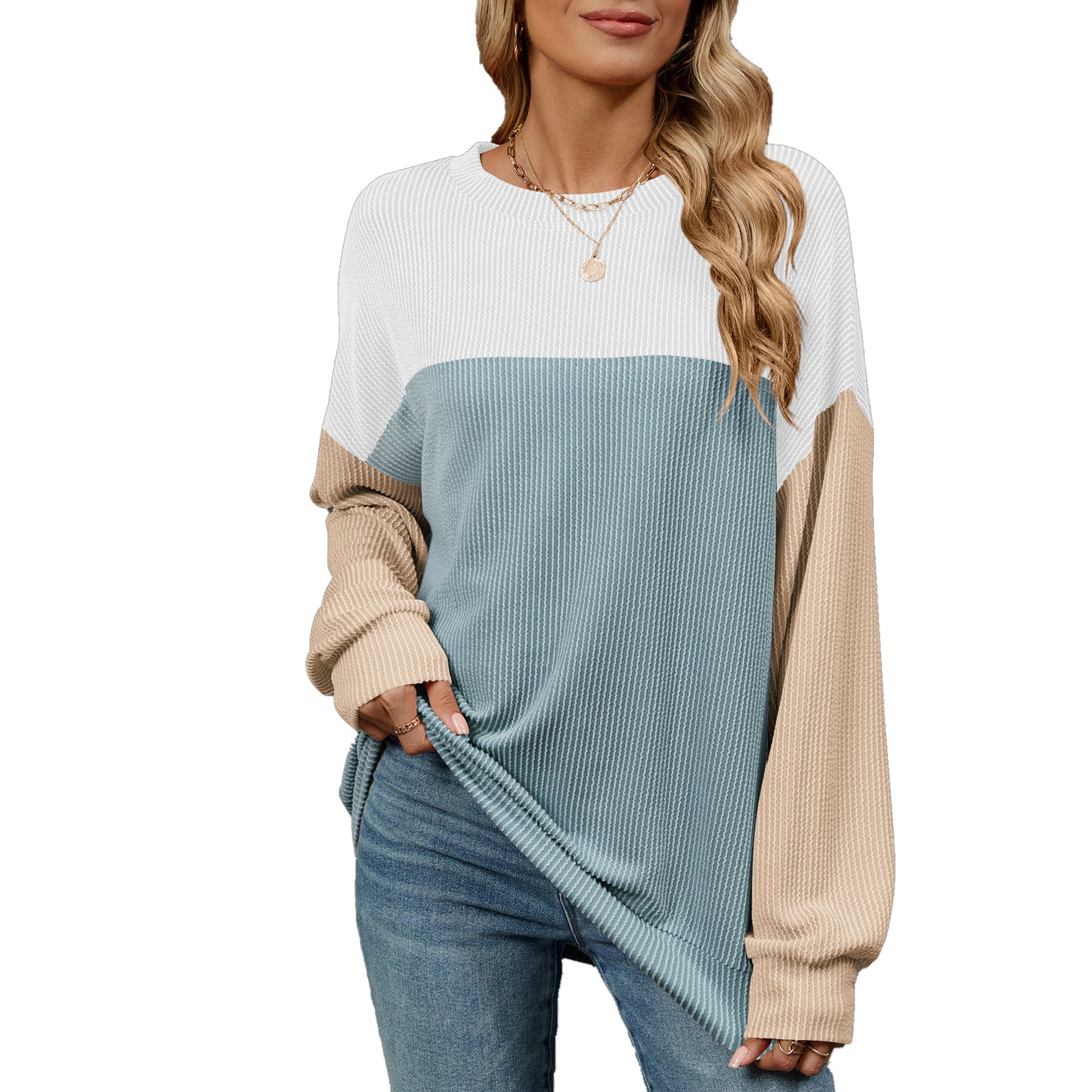 Fashion Contrast-color Round Neck Long Sleeve Casual Shirt For Womens Clothing