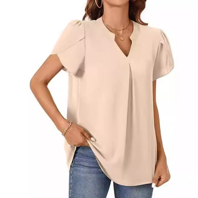 Simple Fashion Loose V-neck Petal Sleeve Short Sleeve Shirt