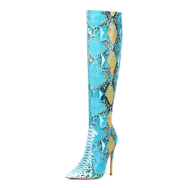 Leather Snake Skin Stiletto Heel Boots