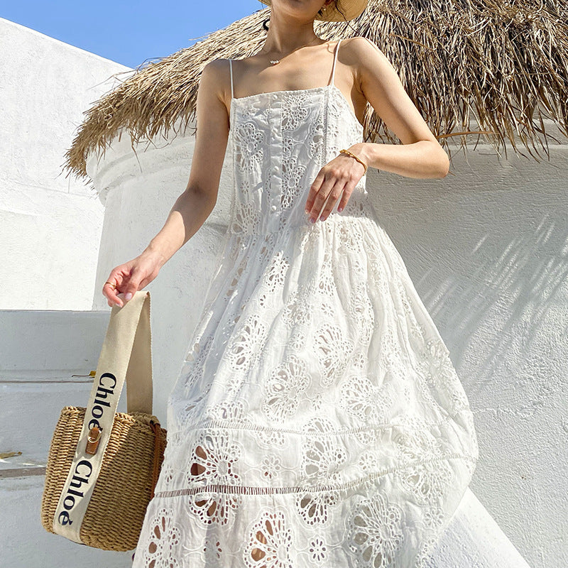 White Suspender Beach Embroidered Maxi Dress