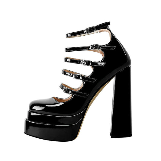 Patent Leather Waterproof Platform Buckle High Heels