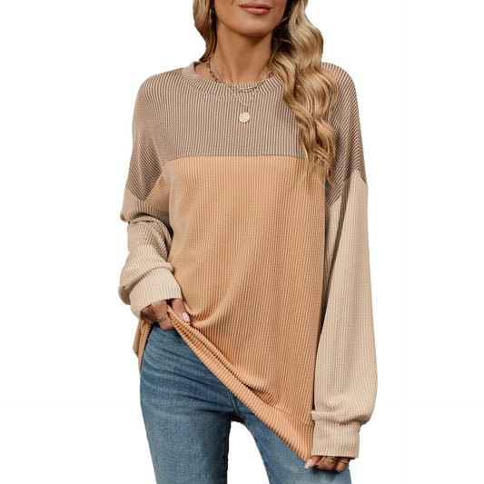 Fashion Contrast-color Round Neck Long Sleeve Casual Shirt For Womens Clothing