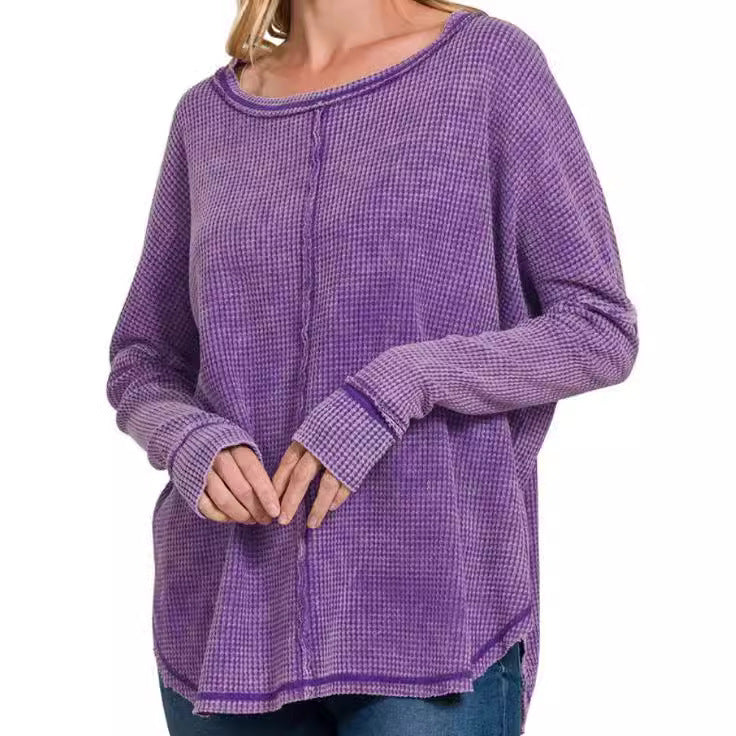 Women's Washed Waffle Back-stitched Long-sleeved Top