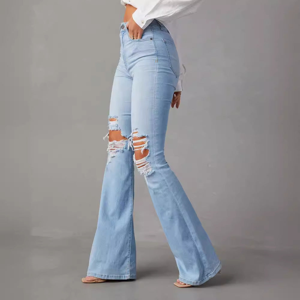 Fringed Knee Blue Jean Wide-leg Pants