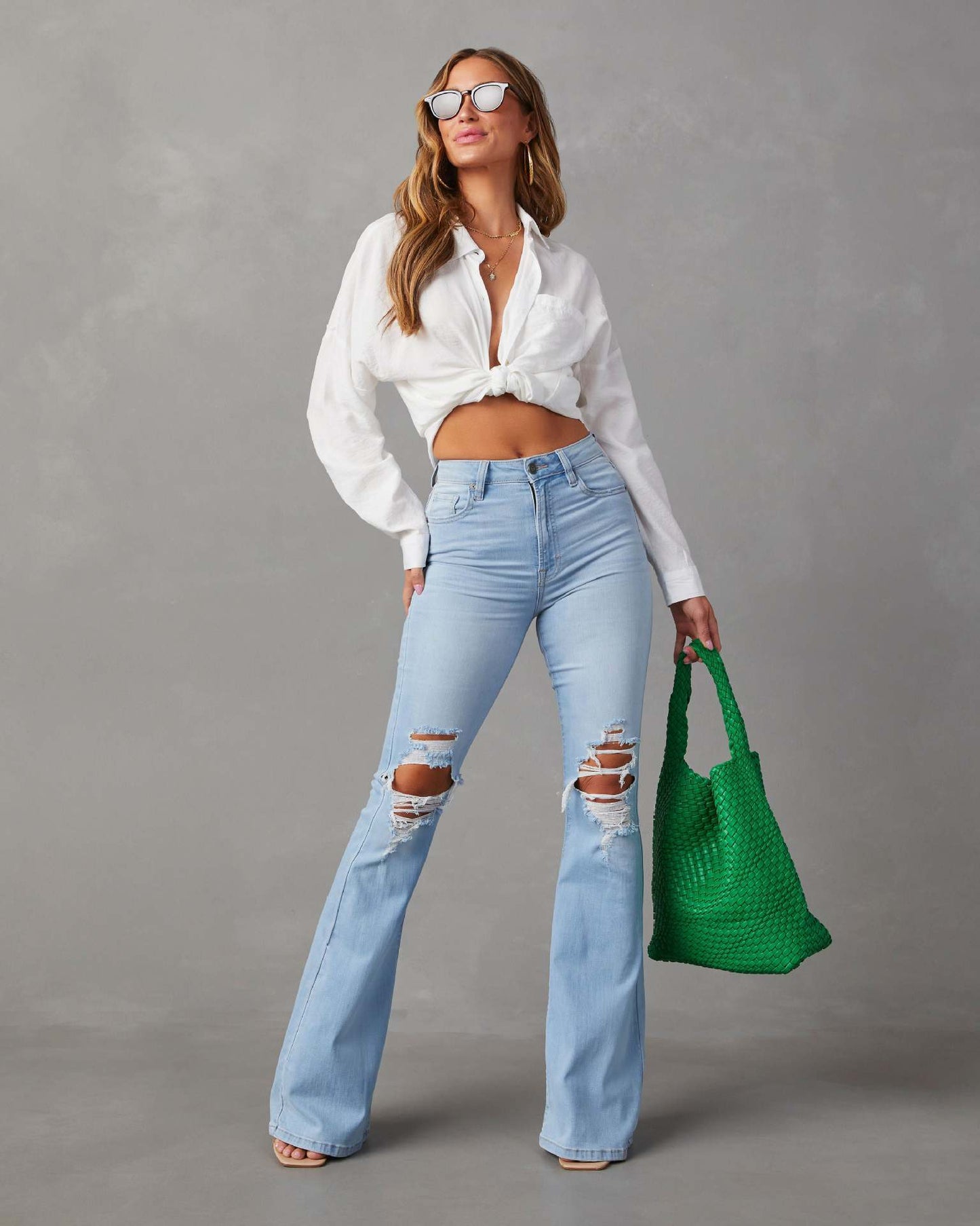 Fringed Knee Blue Jean Wide-leg Pants