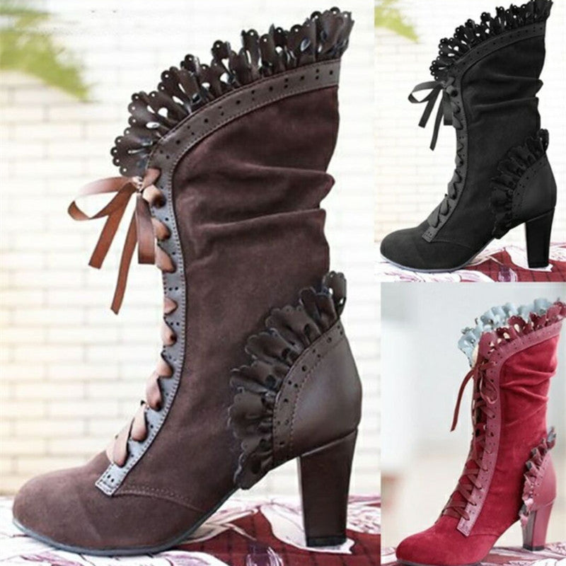 Lace-up Suede Ankle High Heel  Boots