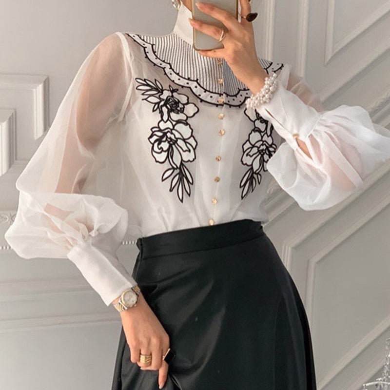 Flower Mesh Perspective Lantern Sleeve Shirt