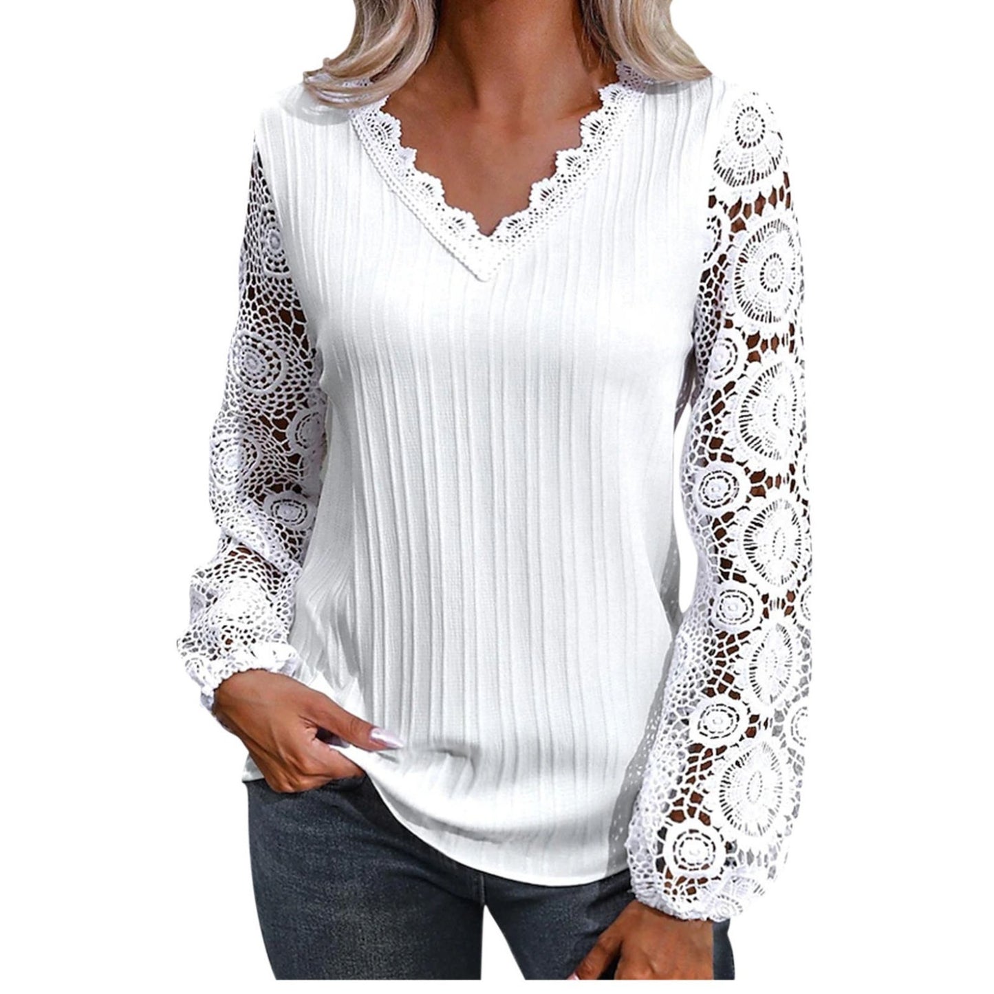 V-neck Casual Loose Women's Lace Bottoming Shirt Long Sleeve