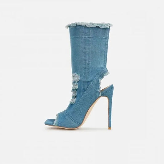 Fashion Peep Toe Denim Ankle Boots