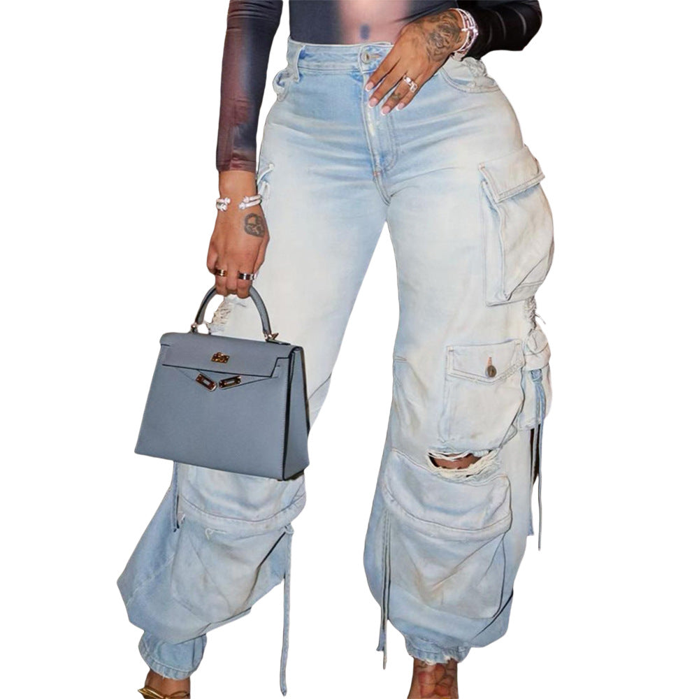 Casual Denim Cargo Multi-pocket Trousers