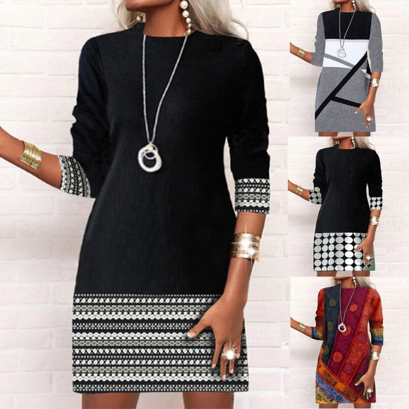 Mid-sleeved Pattern Printed Dress