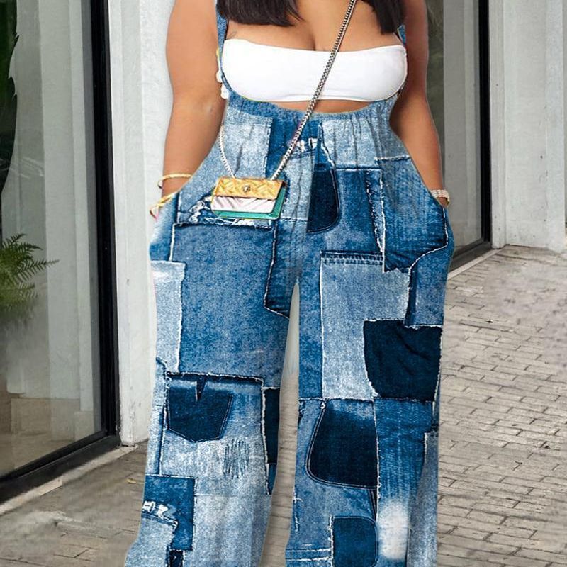 Plus Size Printed Loose-fitting Overalls