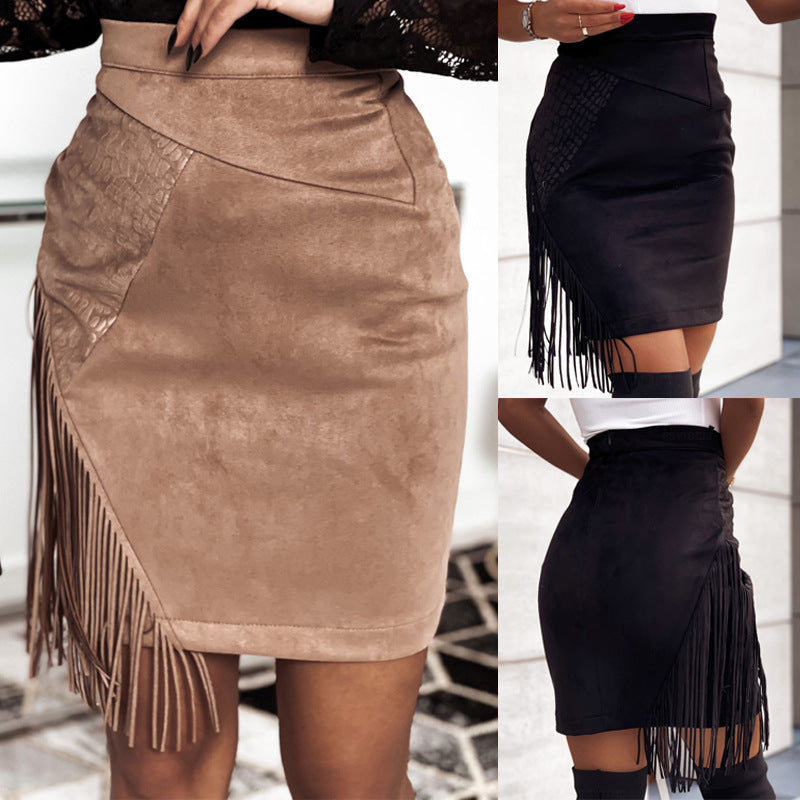 Fringed High Waist Suede Skirt