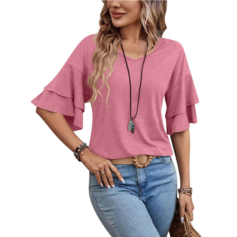 Summer Solid Color And V-neck Loose T-shirt