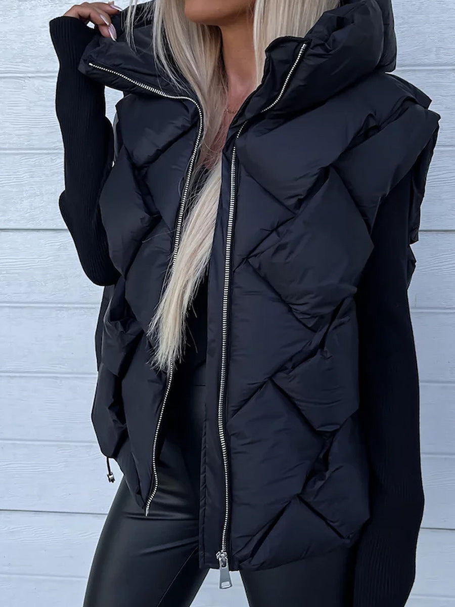 Solid Color Hooded Vest Leisure Warm Zipper Coat