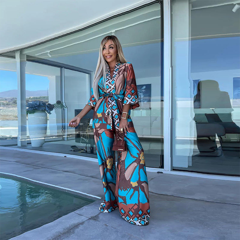 Printed Cropped Sleeve  Wide Leg Pants Suit