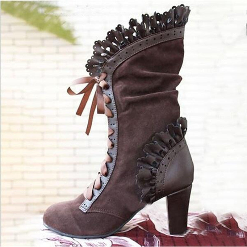 Lace-up Suede Ankle High Heel  Boots