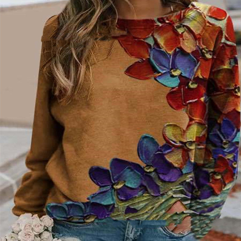 Urban Casual Colorful Printed Long Sleeve Round Neck Pullover T-shirt