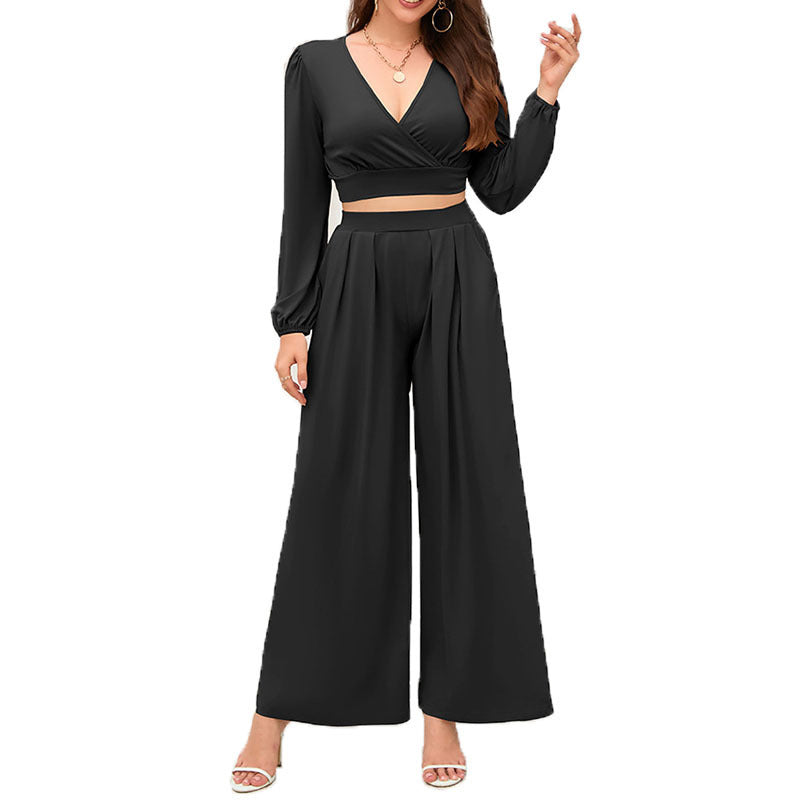 V-neck Long Sleeve /Wide Leg Pants Set