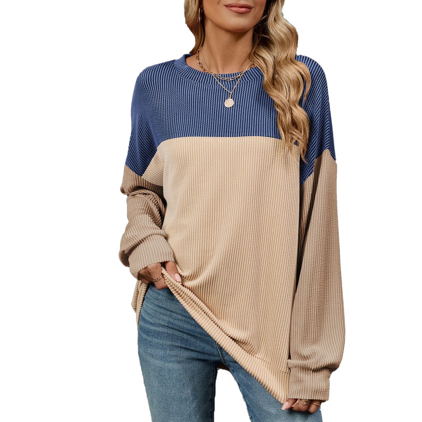 Fashion Contrast-color Round Neck Long Sleeve Casual Shirt For Womens Clothing