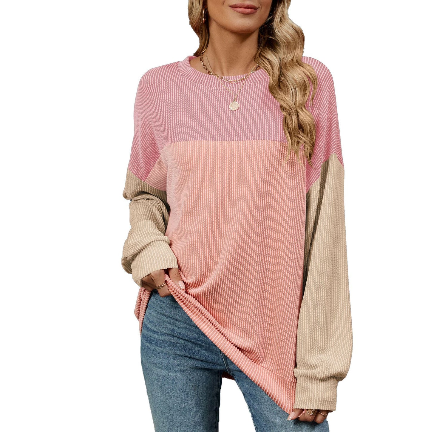 Fashion Contrast-color Round Neck Long Sleeve Casual Shirt For Womens Clothing