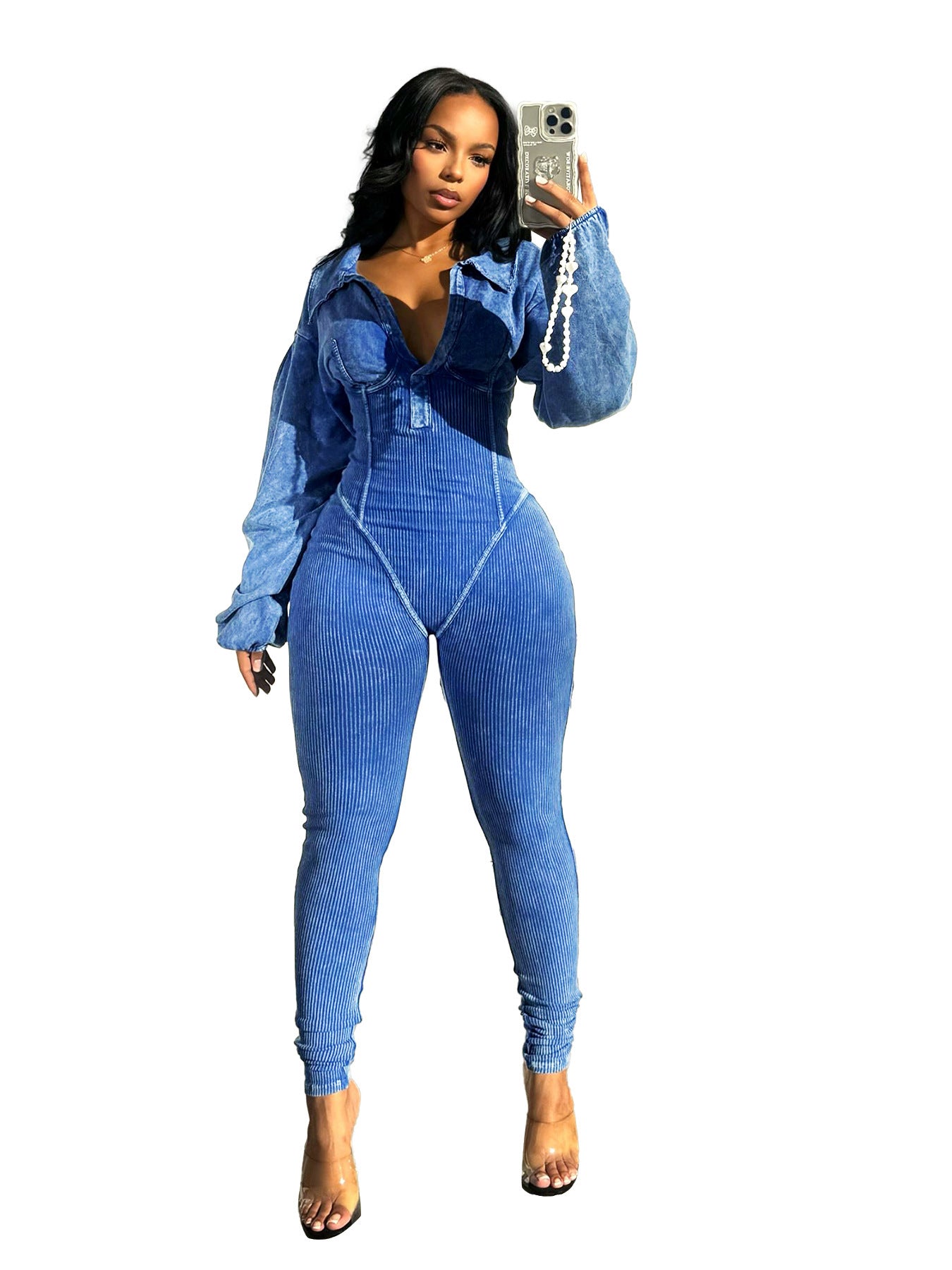 Versatile Washed Distressed Long Sleeve Jumpsuit