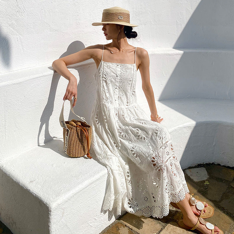 White Suspender Beach Embroidered Maxi Dress