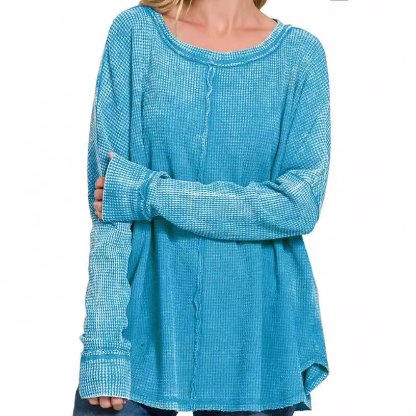 Women's Washed Waffle Back-stitched Long-sleeved Top