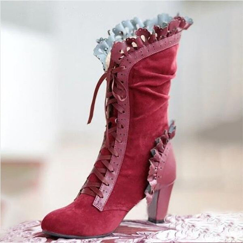 Lace-up Suede Ankle High Heel  Boots